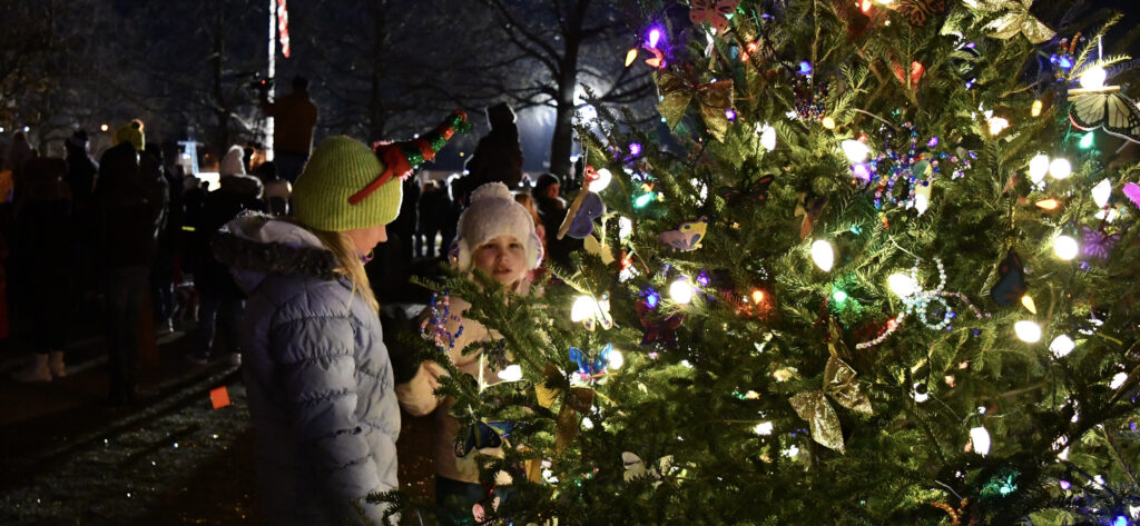 Two girls look at a lit christmas tree