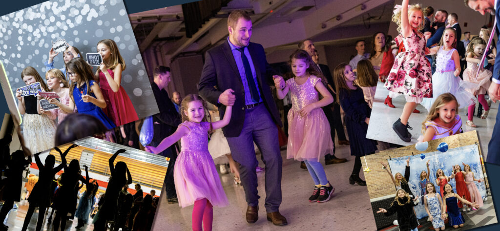 Ties and Tiaras event collage image showing groups of girls and dads dancing