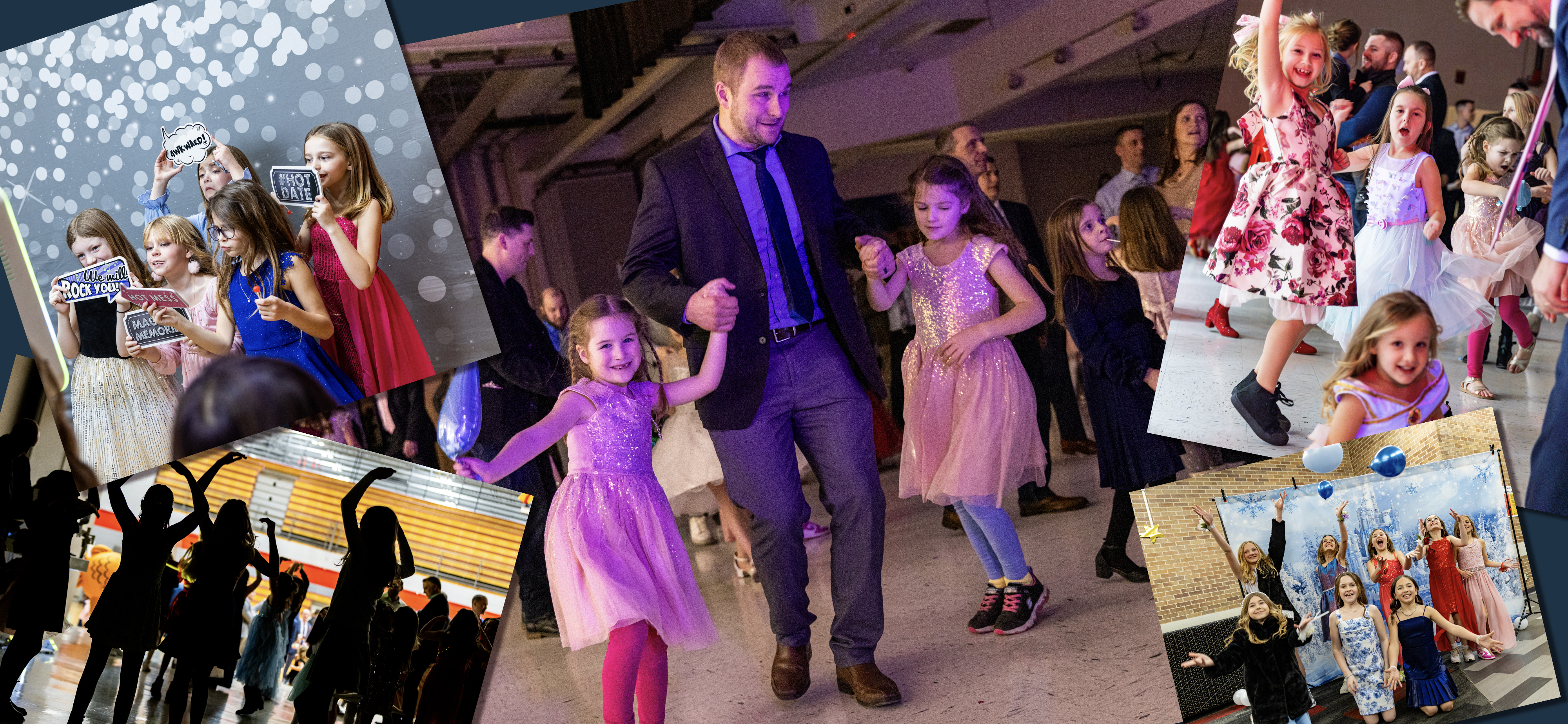 Ties and Tiaras event collage image showing groups of girls and dads dancing