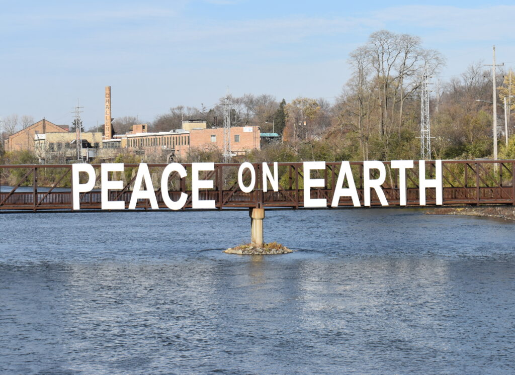 Peace Bridge displaying large letters spelling out peace on earth.