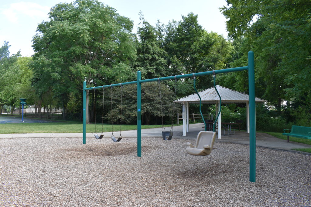 Braeburn Park and Reserve swing set displaying an accessible swing along with swings for older children and infants.
