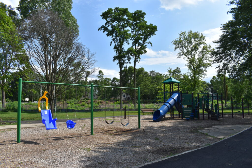 Carriage Crest Park swing set, including an accessible swing as well as a swing for infants and children.