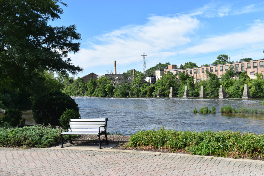 Batavia Riverwalk bench overlooking the river.