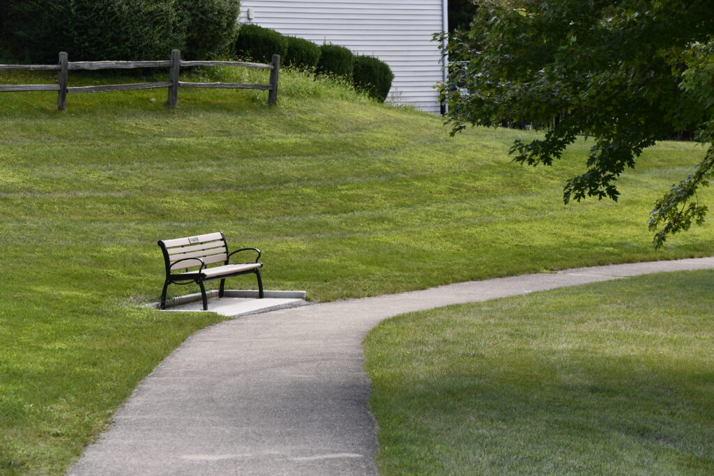 H. Michael Wild Park bench alongside path leading to playground.