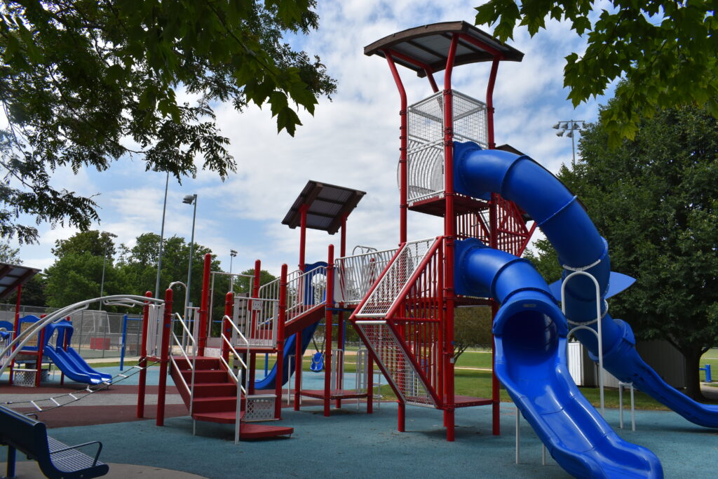 Memorial Park showing large playground with two slides.