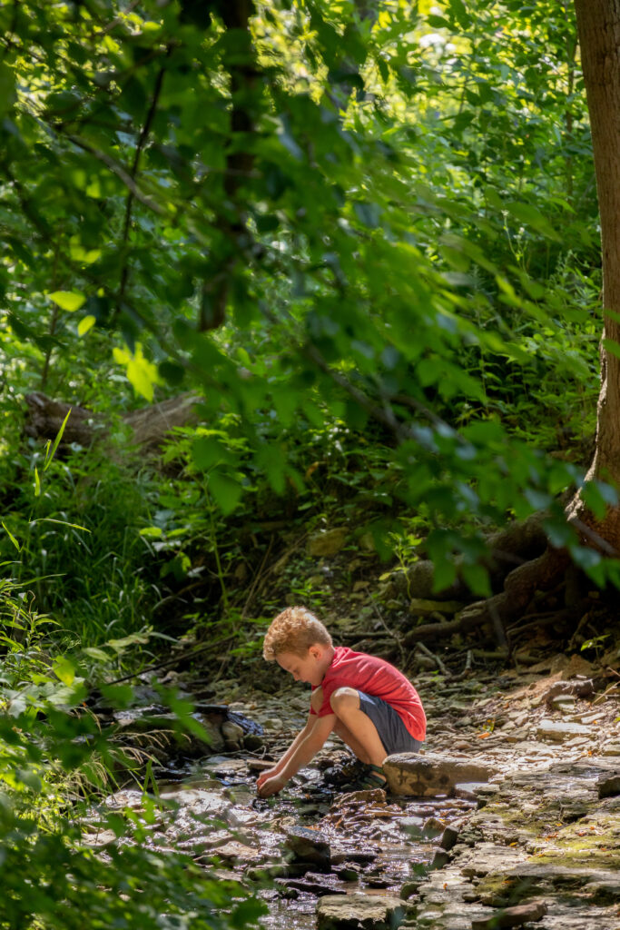 A boy stops to play in the creek in the woods during a summer hike