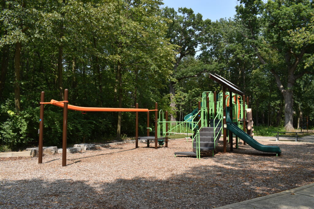 Payne Woods Park playset showing a zipline and slide.