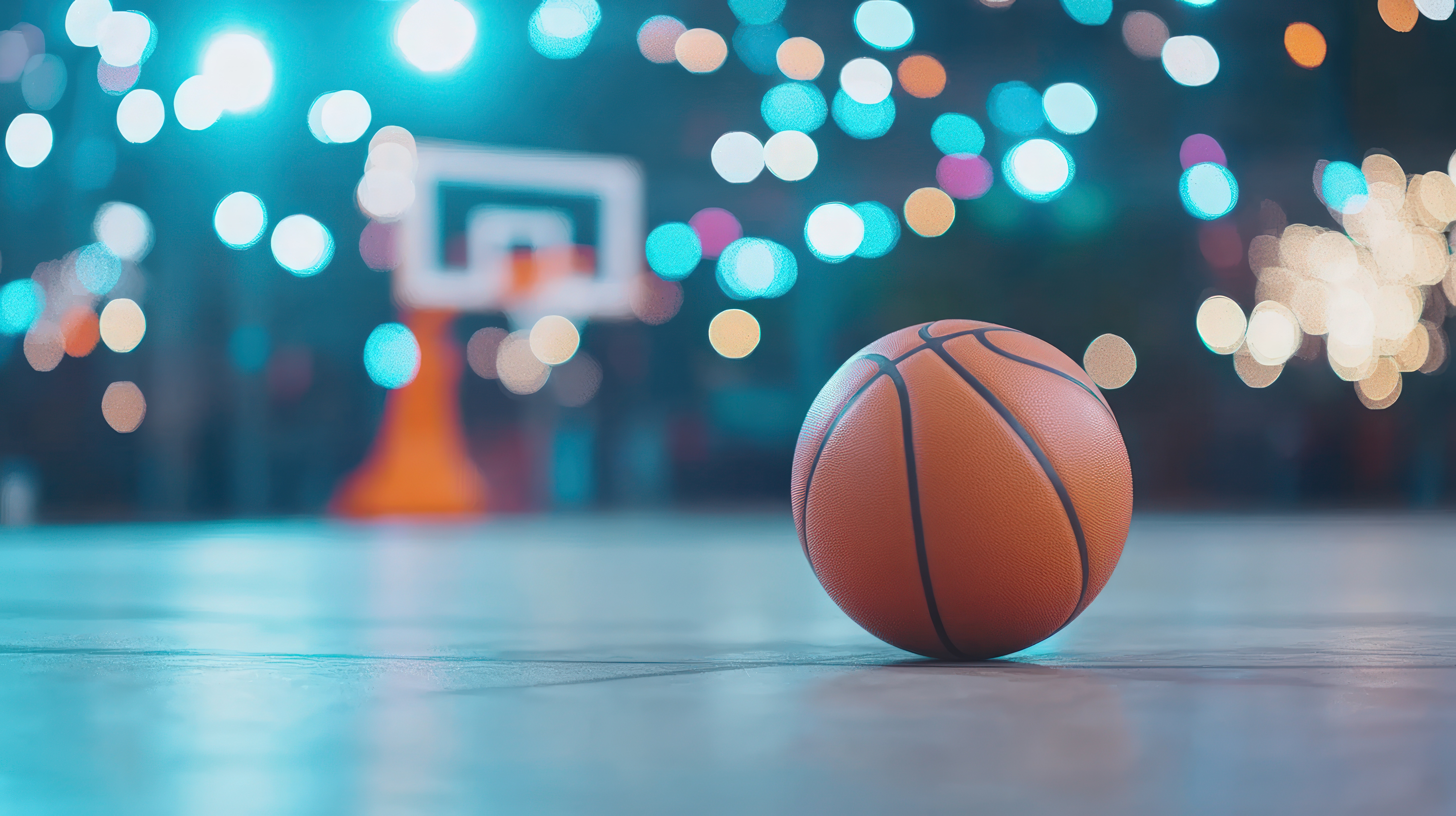 A basketball sits on a wood gym floor
