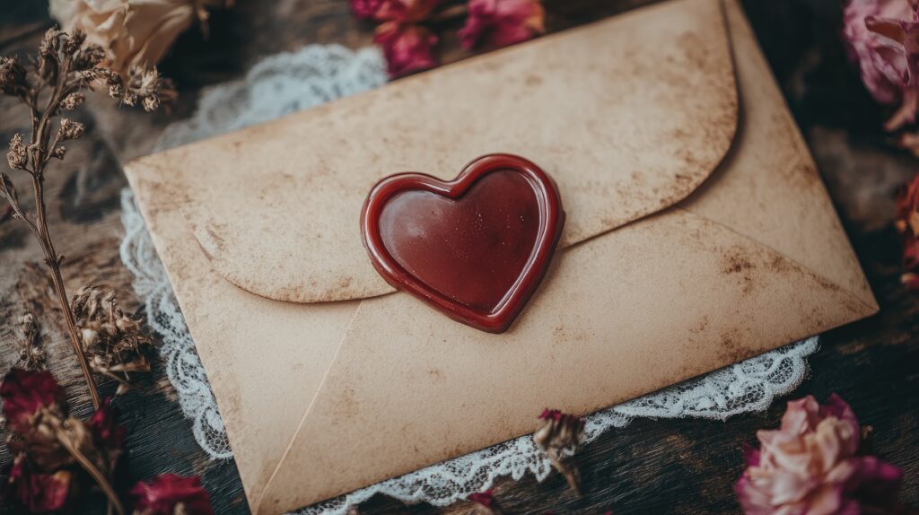 An antique letter with a heart shaped wax seal