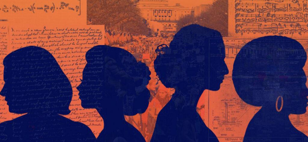 Silhouettes of women on an orange background