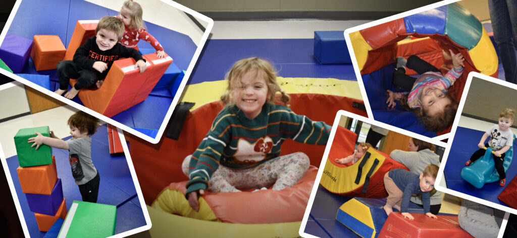 Photo collage of kids playing on mats and sqishy climbers