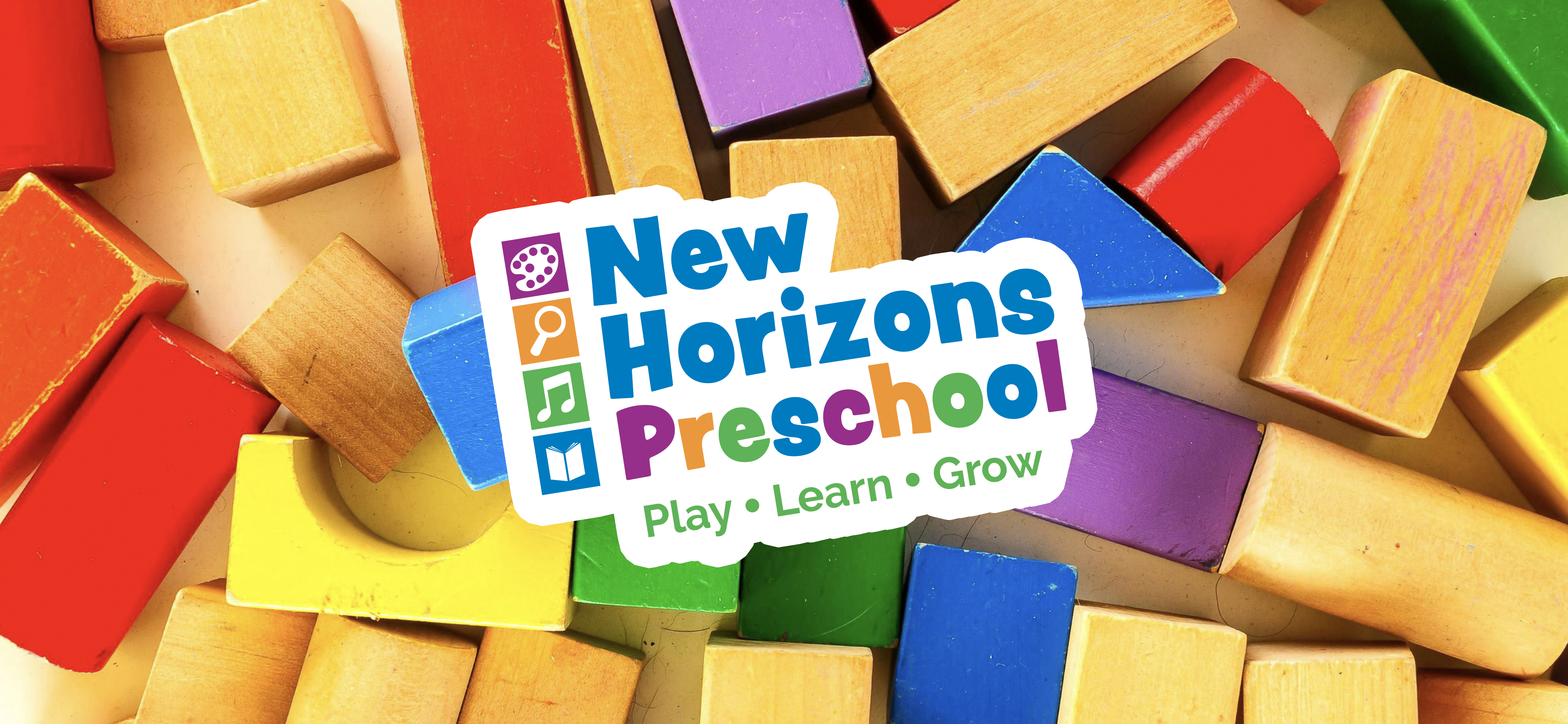 New Horizons Preschool logo on a background of colorful wooden blocks