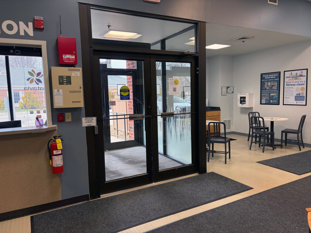 Building lobby showing doors leading outside