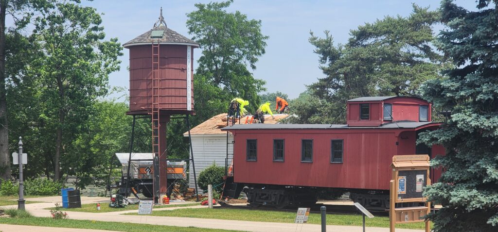 Coffin Bank with water tower and caboose