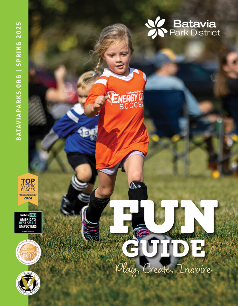 Cover of Spring 2025 Fun Guide featuring a girl playing soccer.