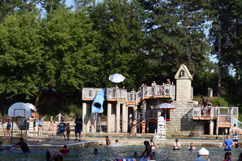 a dive tower at an outdoor swim facility