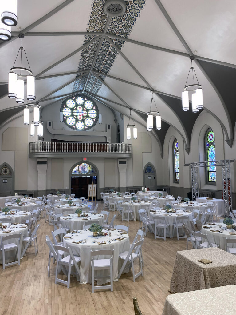 An event space set up for a wedding
