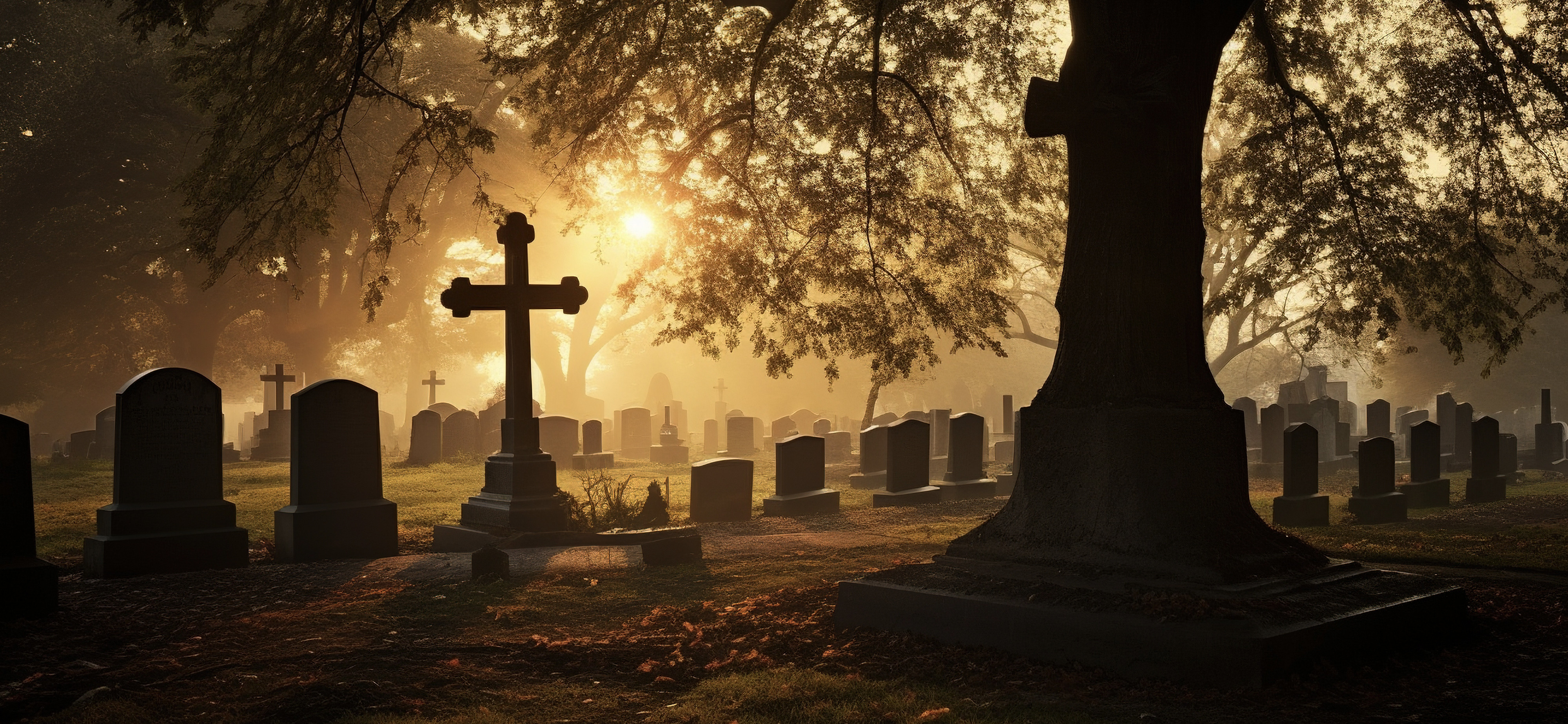 A cemetery showing tombstones and a tree with eerie lighting